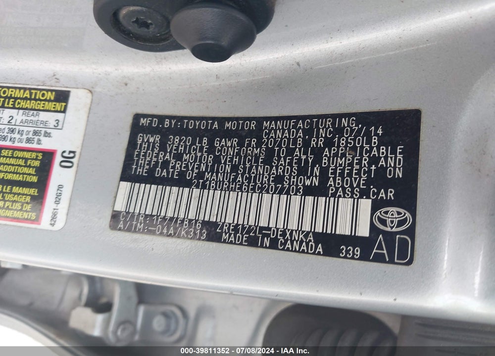 2014 TOYOTA COROLLA LE VIN: 2T1BURHE6EC207703
