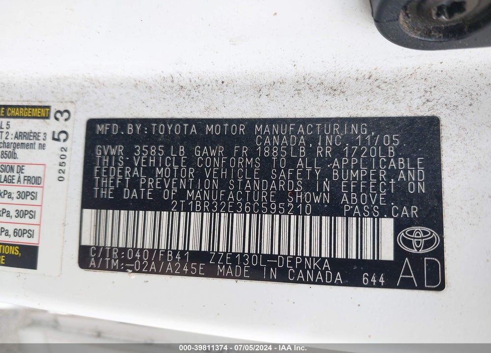 2006 TOYOTA COROLLA LE VIN: 2T1BR32E36C595210