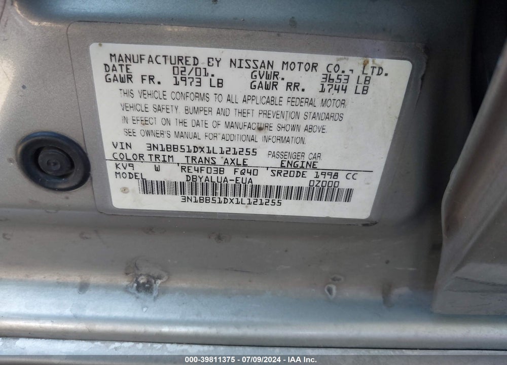 2001 NISSAN SENTRA SE- VIN: 3N1BB51DX1L121255