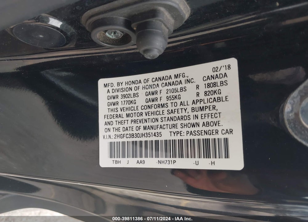 2018 HONDA CIVIC EX-T VIN: 2HGFC3B30JH351435