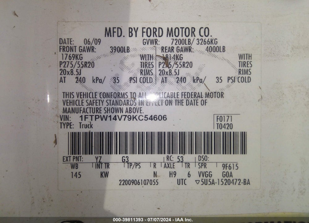 2009 FORD F-150 FX4/KING RANCH/LARIAT/PLATINUM/XL/XLT VIN: 1FTPW14V79KC54606
