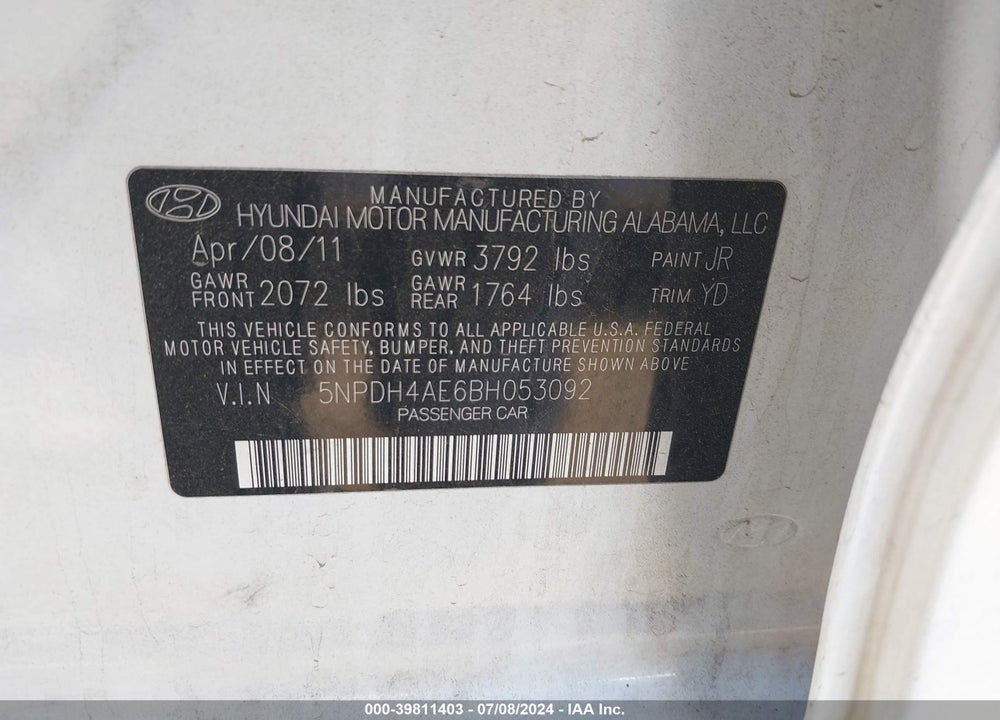 2011 HYUNDAI ELANTRA GLS VIN: 5NPDH4AE6BH053092