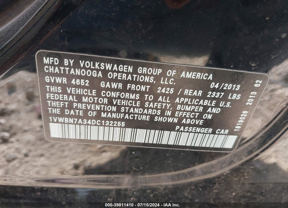 2013 VOLKSWAGEN PASSAT VIN: 1VWBN7A34DC132255