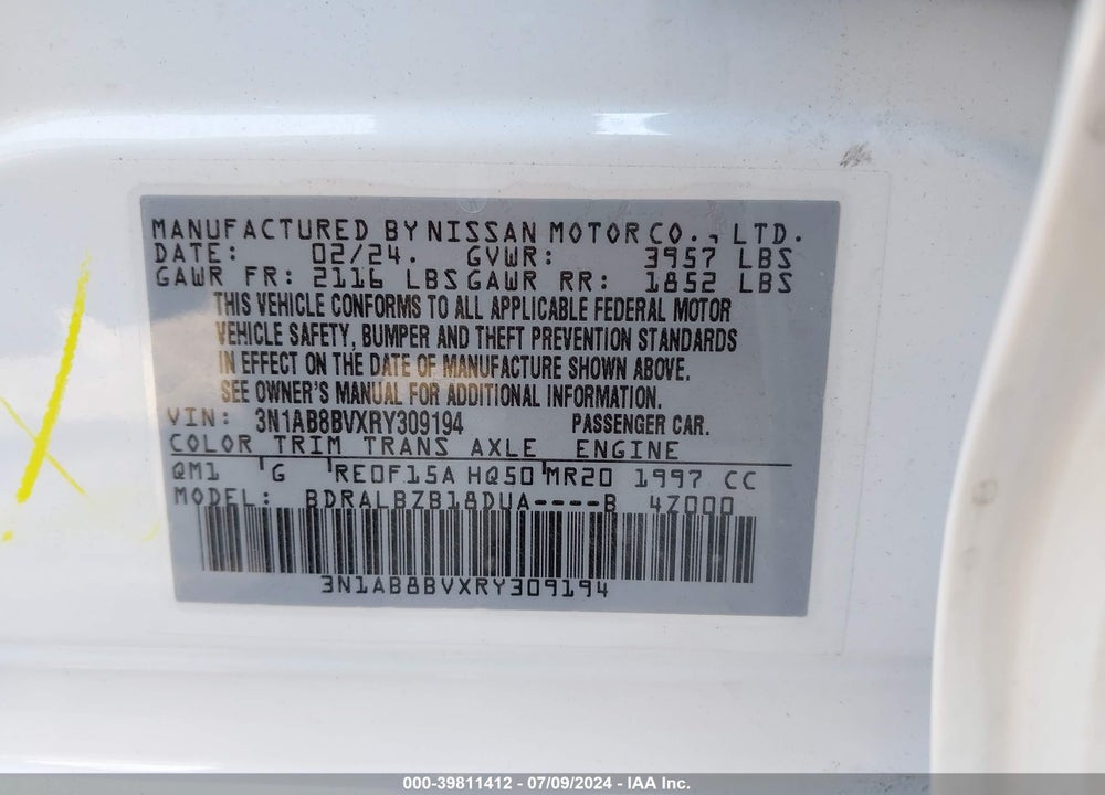2024 NISSAN SENTRA S XTRONIC CVT VIN: 3N1AB8BVXRY309194