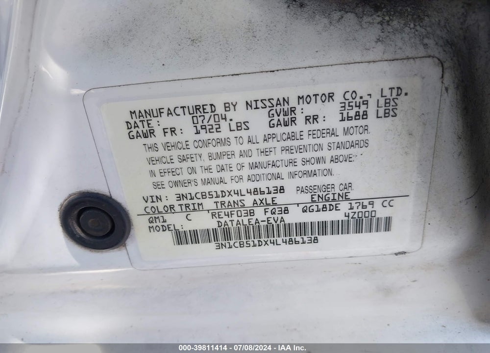 2004 NISSAN SENTRA 1.8S VIN: 3N1CB51DX4L486138