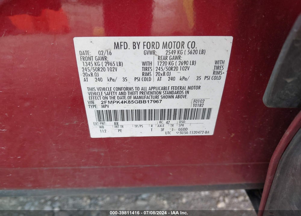 2016 FORD EDGE VIN: 2FMPK4K85GBB17967