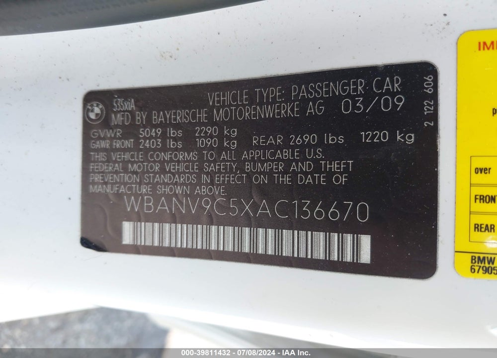 2010 BMW 535I XDRIVE VIN: WBANV9C5XAC136670
