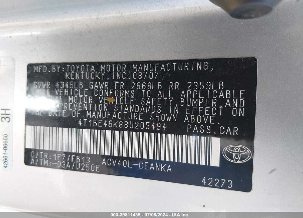2008 TOYOTA CAMRY LE VIN: 4T1BE46K88U205494