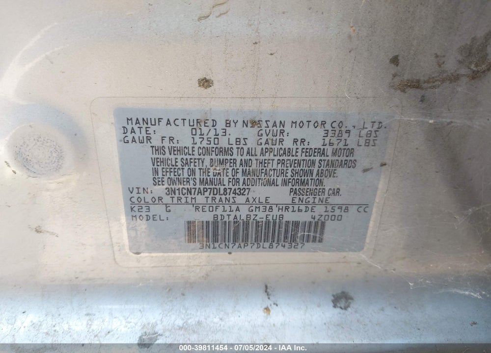 2013 NISSAN VERSA 1.6 SV VIN: 3N1CN7AP7DL874327