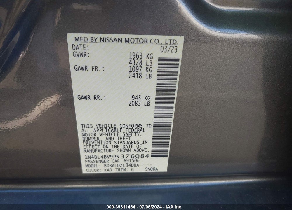 2023 NISSAN ALTIMA S FWD VIN: 1N4BL4BV9PN376084