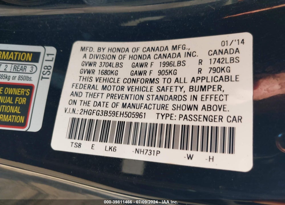 2014 HONDA CIVIC LX VIN: 2HGFG3B59EH505961