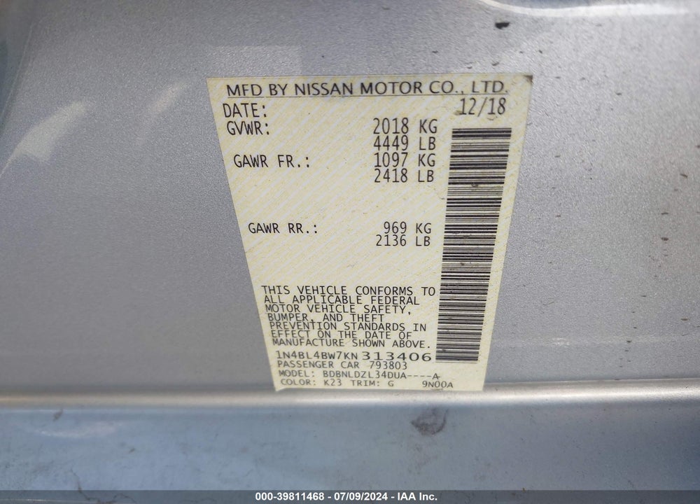 2019 NISSAN ALTIMA 2.5 S VIN: 1N4BL4BW7KN313406