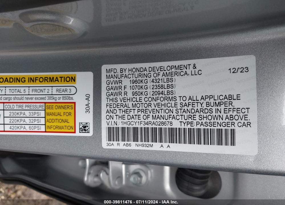 2024 HONDA ACCORD VIN: 1HGCY1F34RA028678