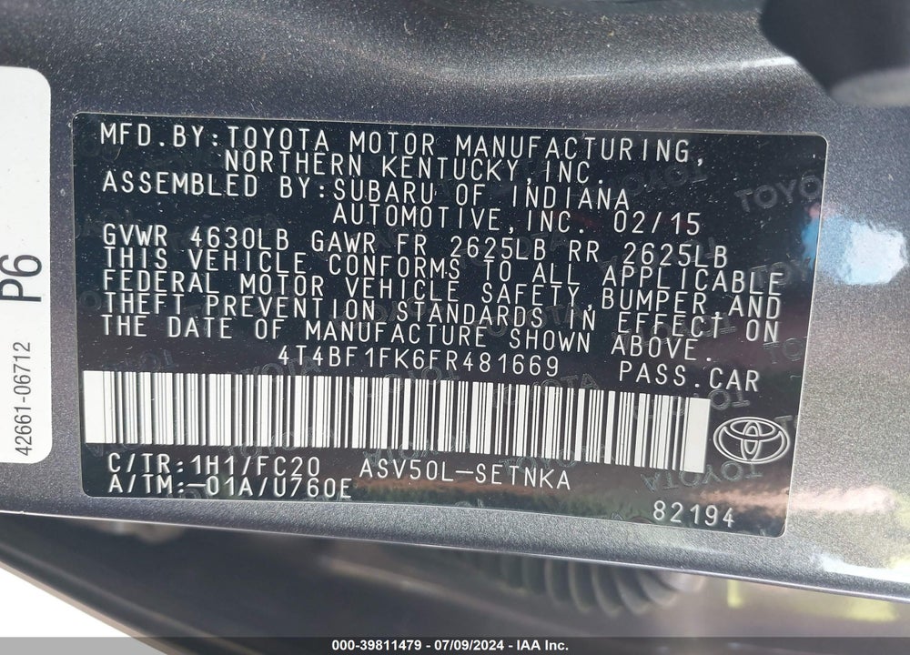 2015 TOYOTA CAMRY LE VIN: 4T4BF1FK6FR481669