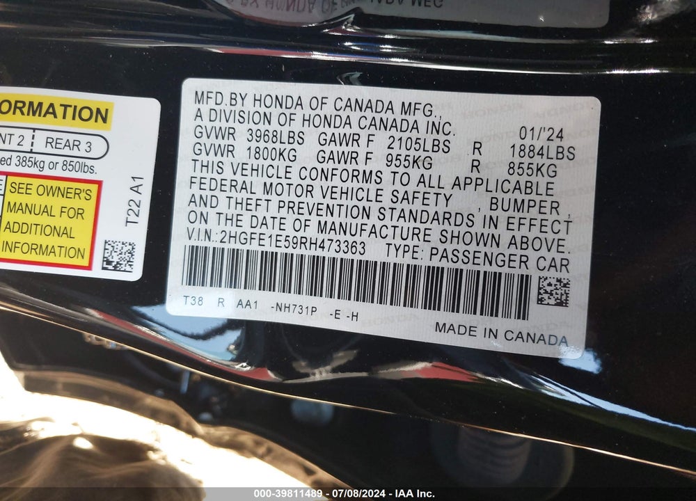 2024 HONDA CIVIC SI SEDAN VIN: 2HGFE1E59RH473363