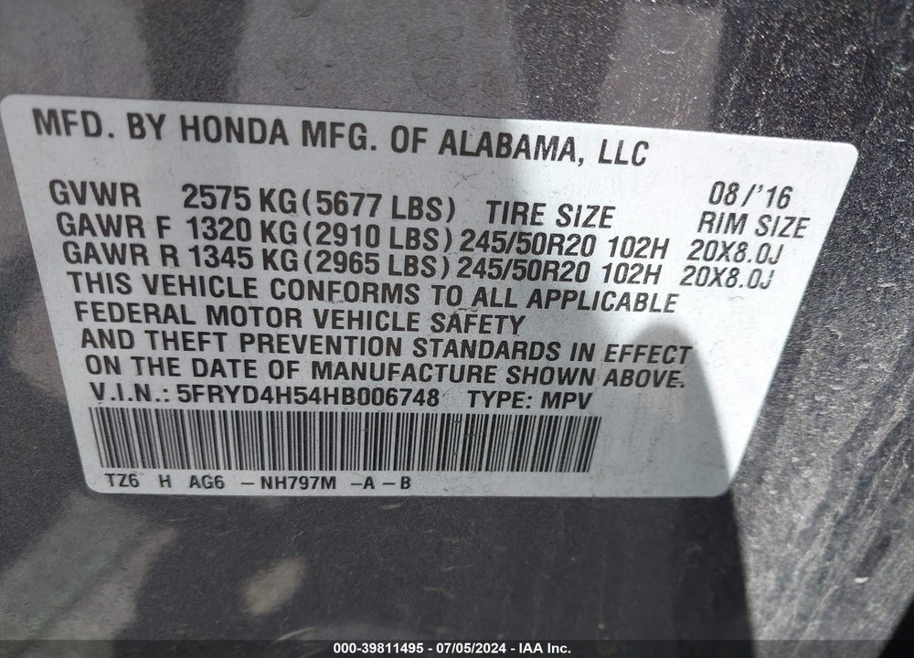 2017 ACURA MDX TECHNOLOGY PACKAGE VIN: 5FRYD4H54HB006748