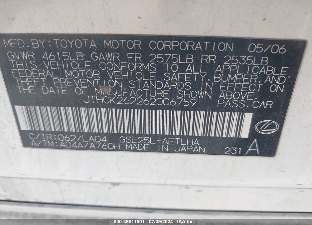 2006 LEXUS IS 250 VIN: JTHCK262262006759