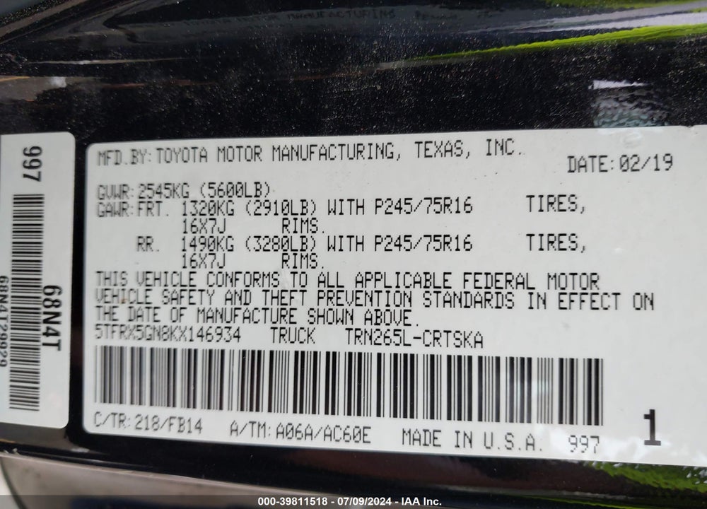 2019 TOYOTA TACOMA SR VIN: 5TFRX5GN8KX146934