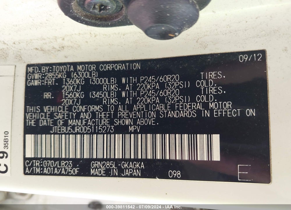 2013 TOYOTA 4RUNNER LIMITED VIN: JTEBU5JR0D5115273