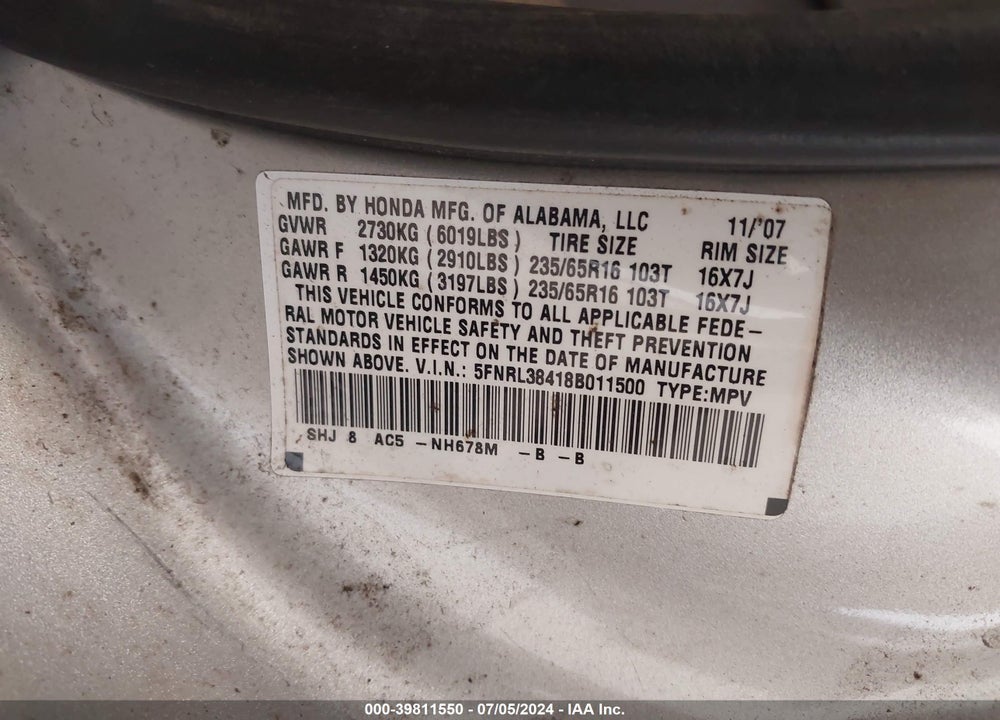2008 HONDA ODYSSEY EX VIN: 5FNRL38418B011500