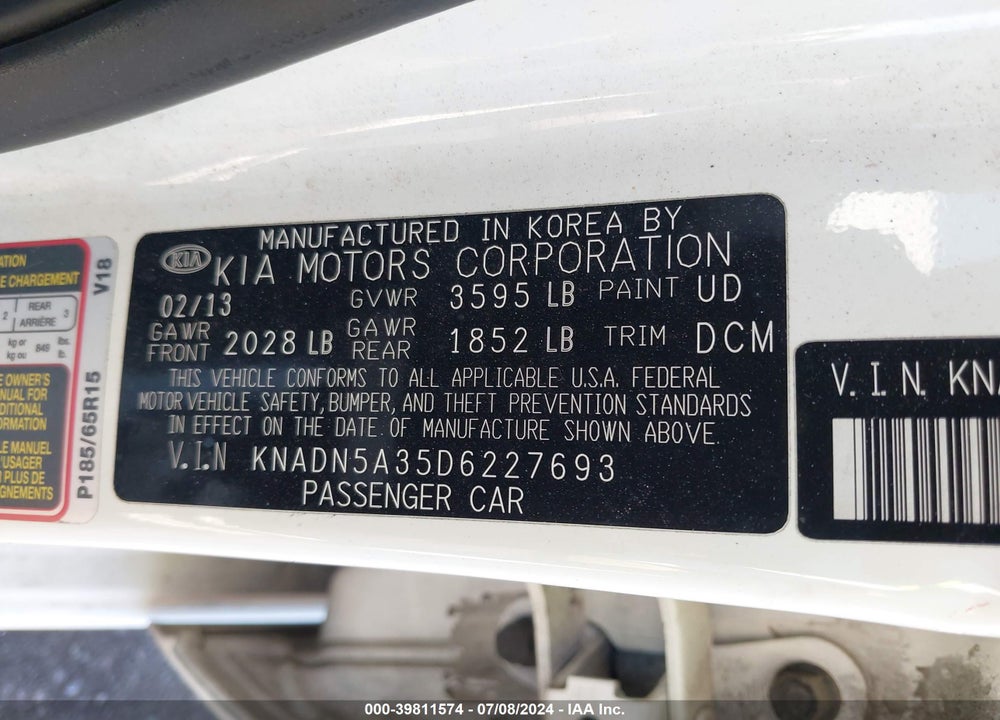 2013 KIA RIO EX VIN: KNADN5A35D6227693