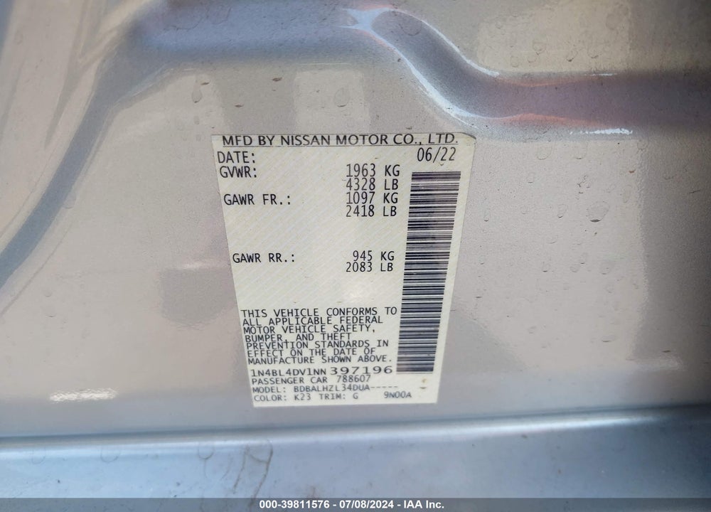 2022 NISSAN ALTIMA SV FWD VIN: 1N4BL4DV1NN397196