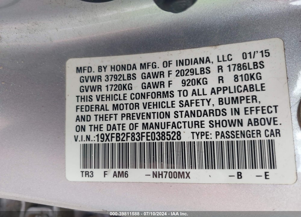 2015 HONDA CIVIC EX VIN: 19XFB2F83FE038528