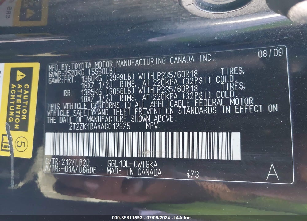 2010 LEXUS RX 350 VIN: 2T2ZK1BA4AC012975