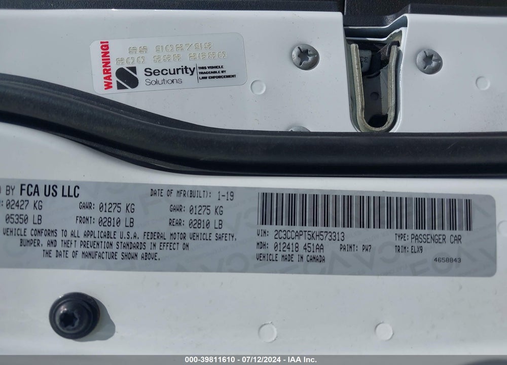 2019 CHRYSLER 300 300C VIN: 2C3CCAPT5KH573313