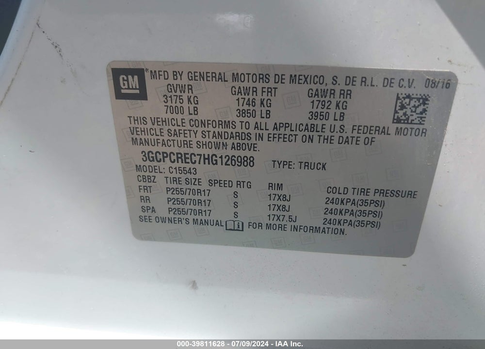 2017 CHEVROLET SILVERADO 1500 1LT VIN: 3GCPCREC7HG126988
