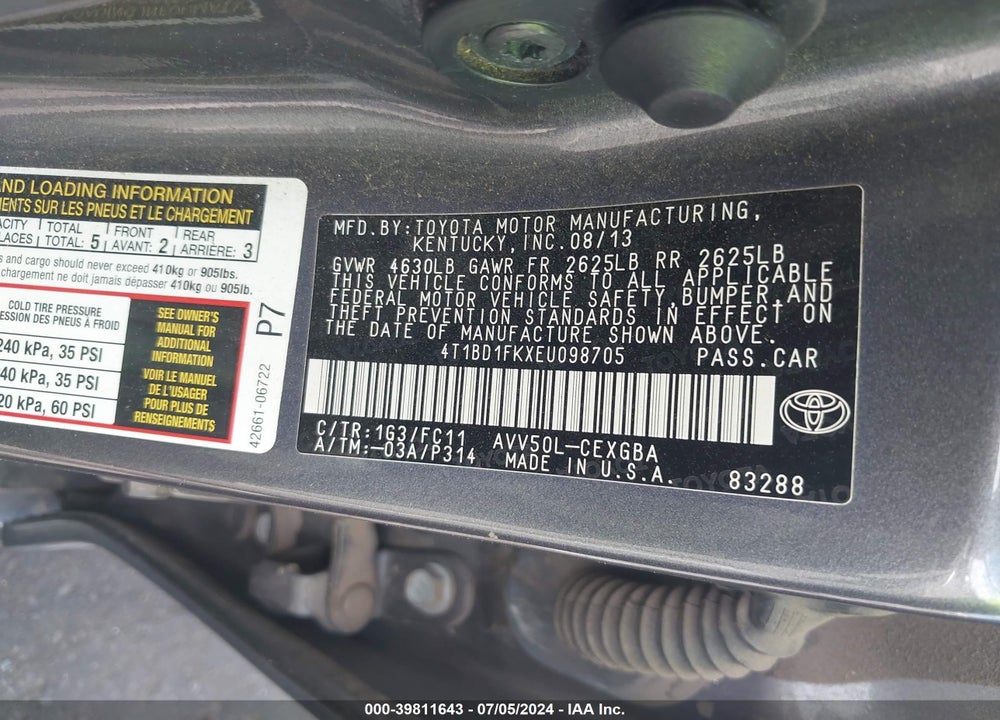 2014 TOYOTA CAMRY HYBRID XLE VIN: 4T1BD1FKXEU098705