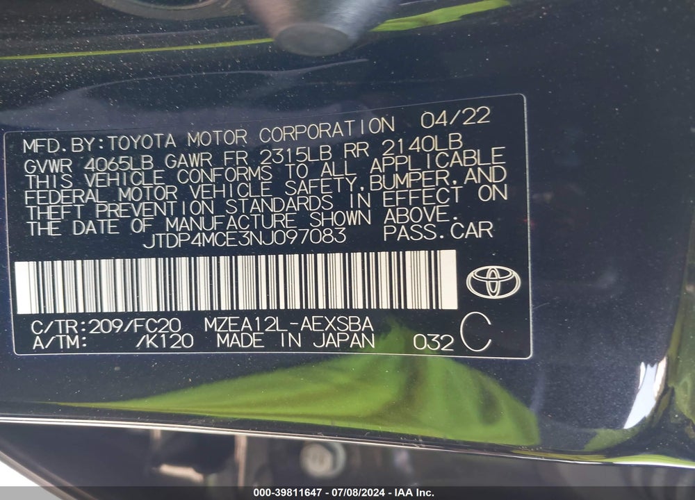 2022 TOYOTA COROLLA SE VIN: JTDP4MCE3NJ097083