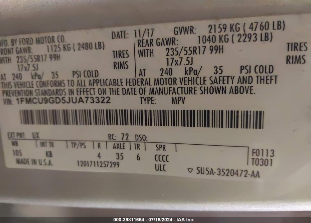 2018 FORD ESCAPE SE VIN: 1FMCU9GD5JUA73322
