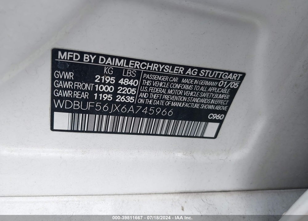 2006 MERCEDES-BENZ E 350 VIN: WDBUF56JX6A745966