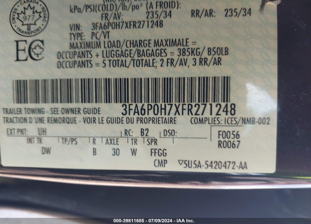 2015 FORD FUSION SE VIN: 3FA6P0H7XFR271248