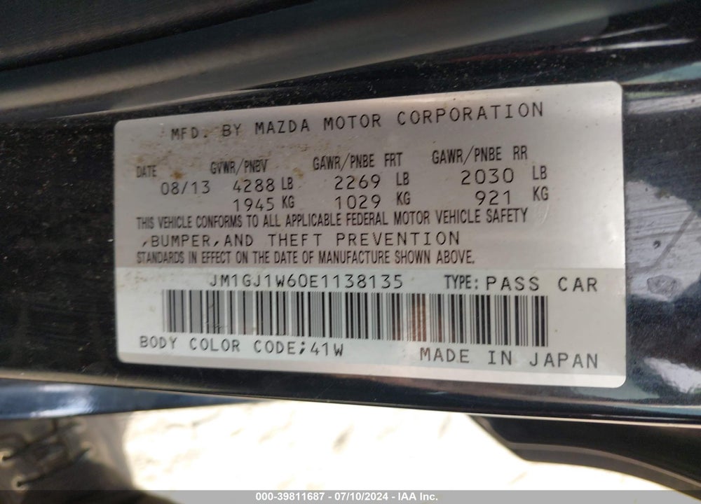 2014 MAZDA 6 I GRAND TOURING VIN: JM1GJ1W60E1138135