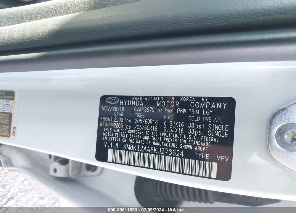 2019 HYUNDAI KONA VIN: KM8K12AA8KU273624