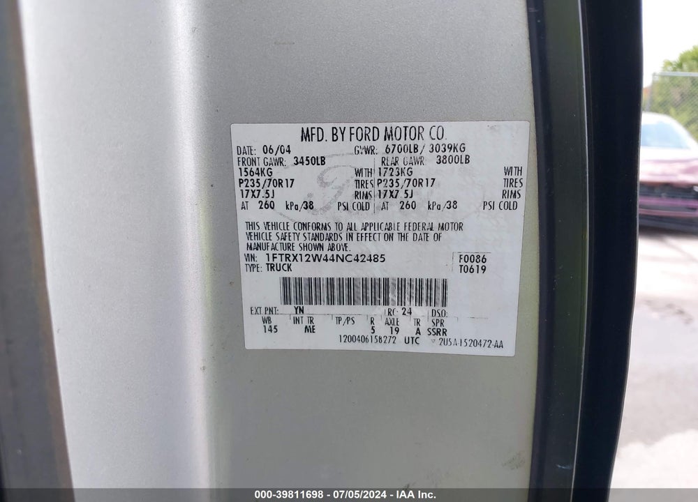 2004 FORD F-150 STX/XL/XLT VIN: 1FTRX12W44NC42485