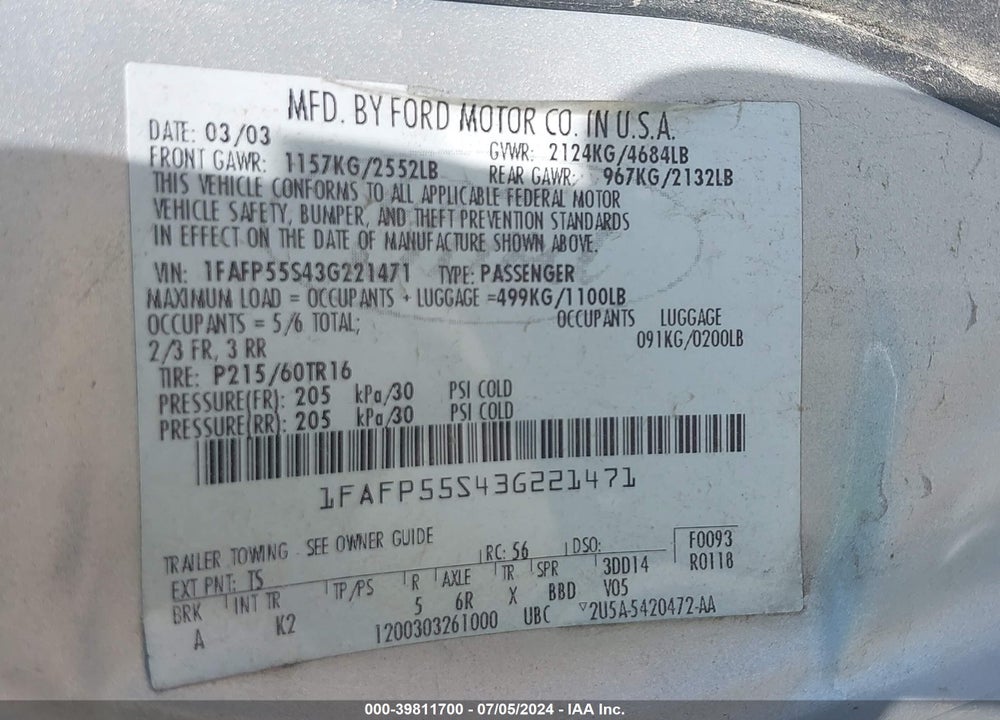 2003 FORD TAURUS SES VIN: 1FAFP55S43G221471