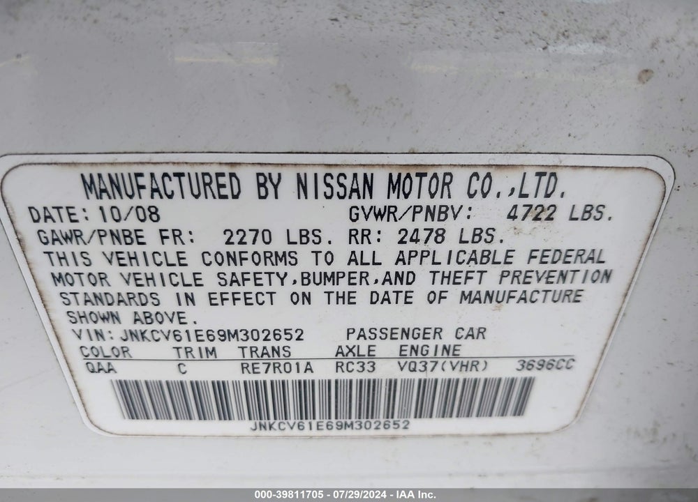 2009 INFINITI G37 JOURNEY VIN: JNKCV61E69M302652