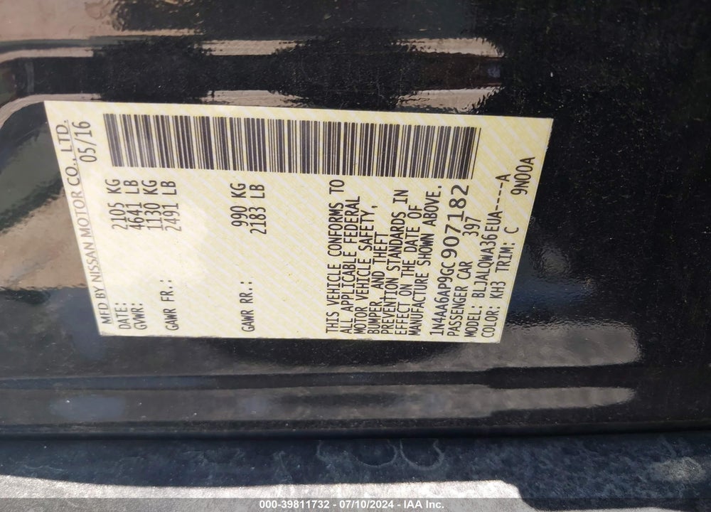 2016 NISSAN MAXIMA 3.5 S VIN: 1N4AA6AP9GC907182