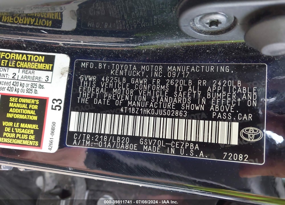 2018 TOYOTA CAMRY XSE V6 VIN: 4T1BZ1HK0JU502863