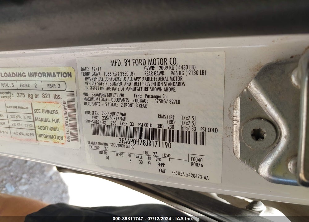 2018 FORD FUSION SE VIN: 3FA6P0H78JR171190