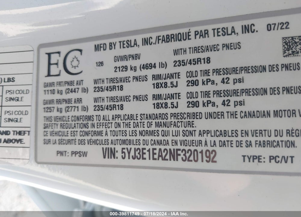 2022 TESLA MODEL 3 REAR-WHEEL DRIVE VIN: 5YJ3E1EA2NF320192