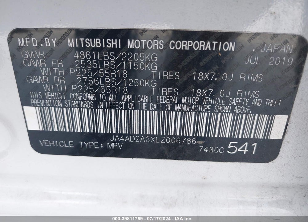 2020 MITSUBISHI OUTLANDER ES 2.4 VIN: JA4AD2A3XLZ006766