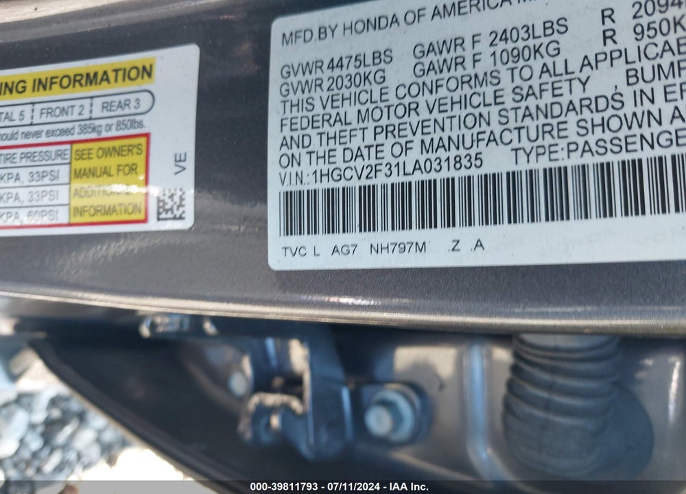 2020 HONDA ACCORD SPORT 2.0T VIN: 1HGCV2F31LA031835