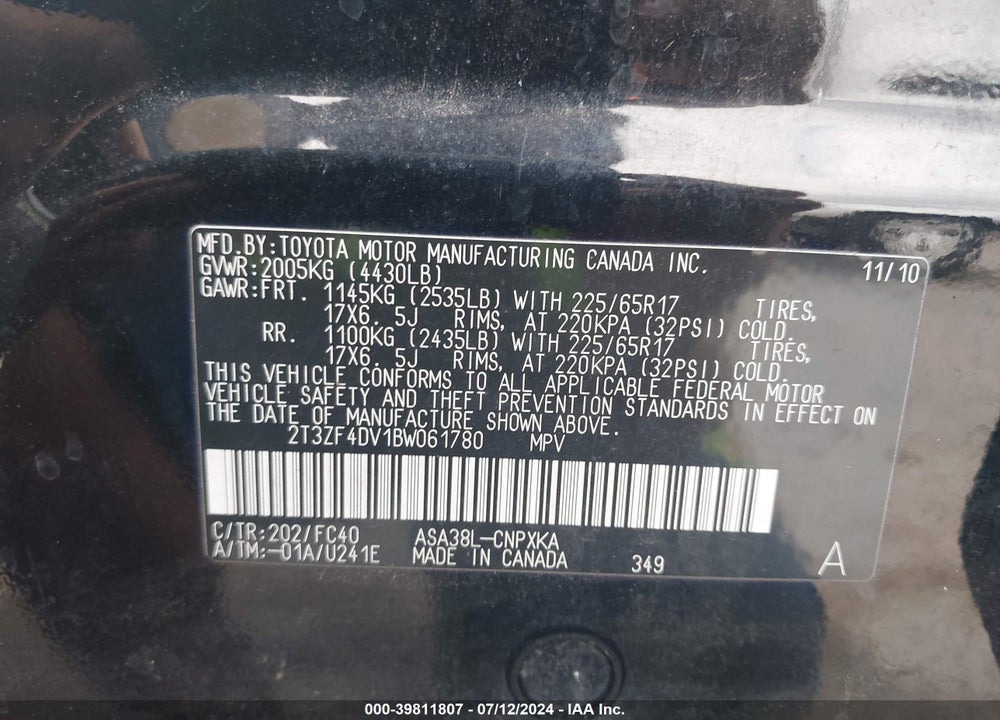 2011 TOYOTA RAV4 VIN: 2T3ZF4DV1BW061780