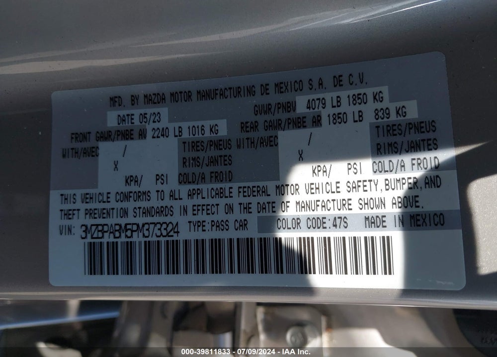2023 MAZDA 3 2.5 S SELECT VIN: 3MZBPABM5PM373324