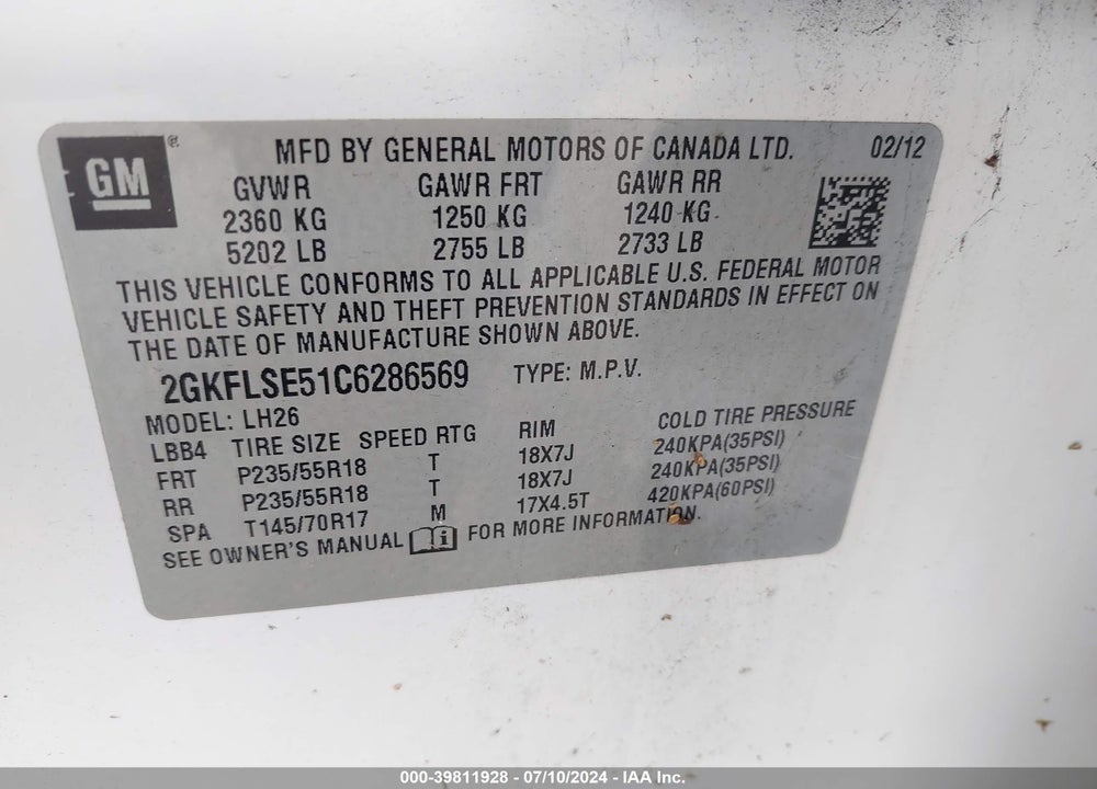 2012 GMC TERRAIN SLE-2 VIN: 2GKFLSE51C6286569