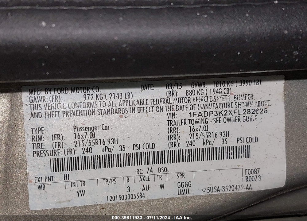 2015 FORD FOCUS SE VIN: 1FADP3K2XFL282626